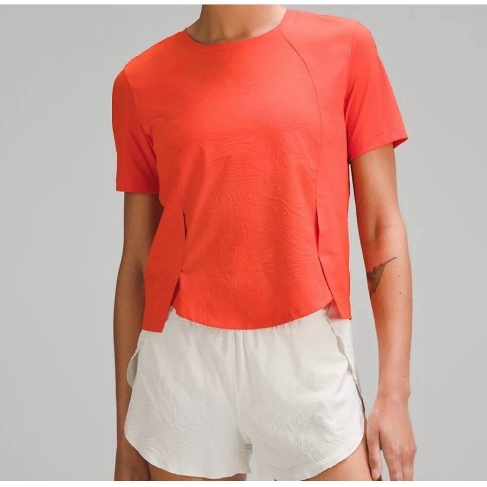 Lululemon Lightweight Stretch Orange Panel Short Sleeve Running Shirt Size 8